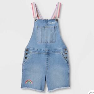 PRIDE Denim Shortalls Overalls Light Wash Rainbow Straps